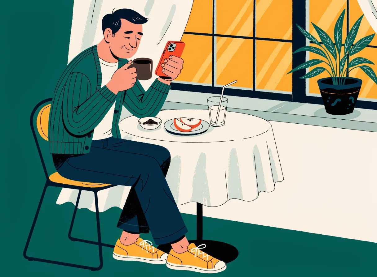 Illustration of a man at his kitchen table, coffee in one hand, checking his phone